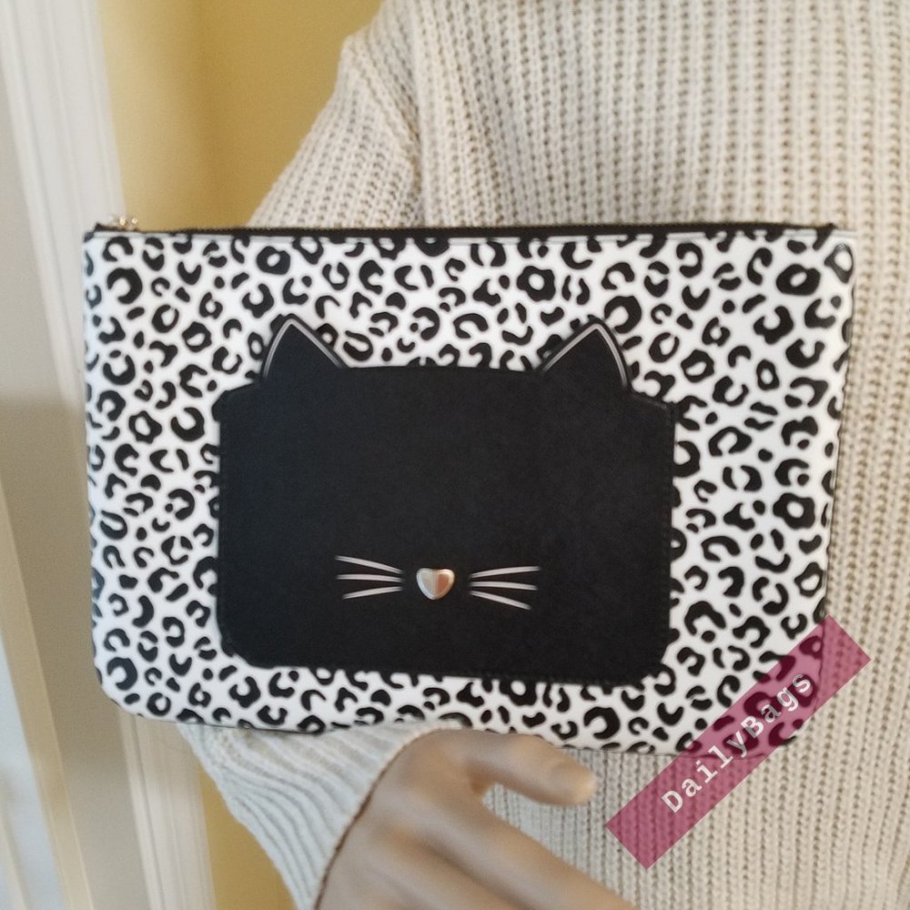 NWT KATE SPADE LARGE ZIP POUCH MEOW MULTI BLACK WHITE LEOPARD DOTS NOVELTY - Picture 3 of 7